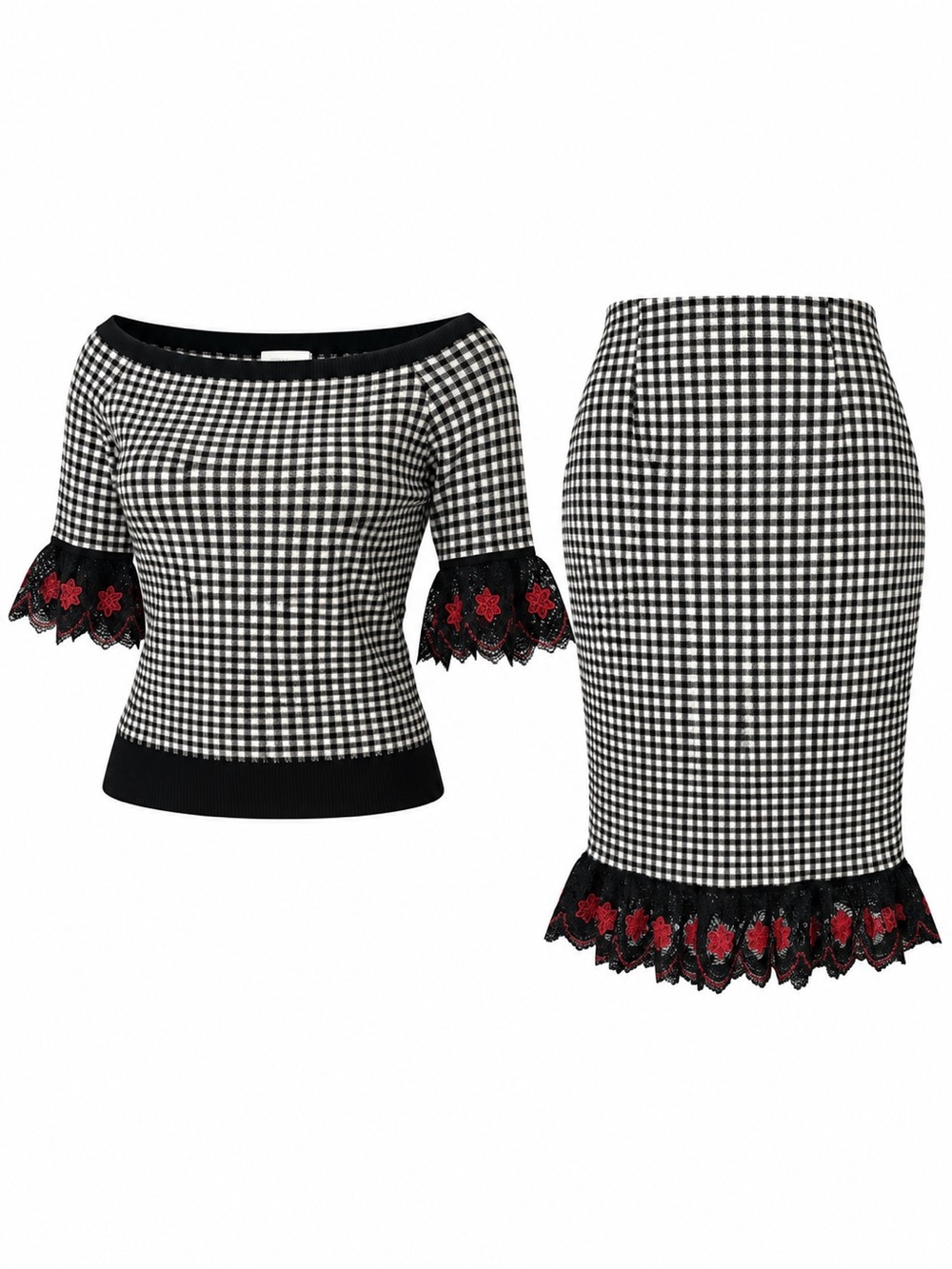 7th Ave NY&C Black White Gingham Lace 2pc Set L/M Coquette Preppy Officecore